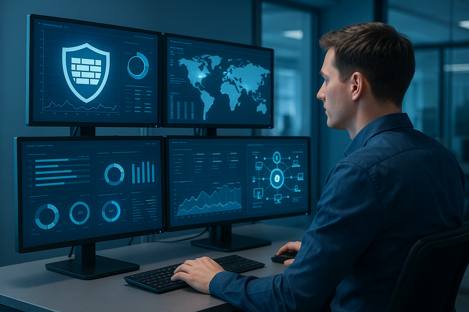 IT professional monitoring firewall security dashboards
